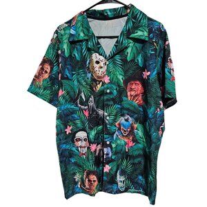 Horror Themed Hawaiian Shirt Mens Size Medium Classic Movie Villains Print Green